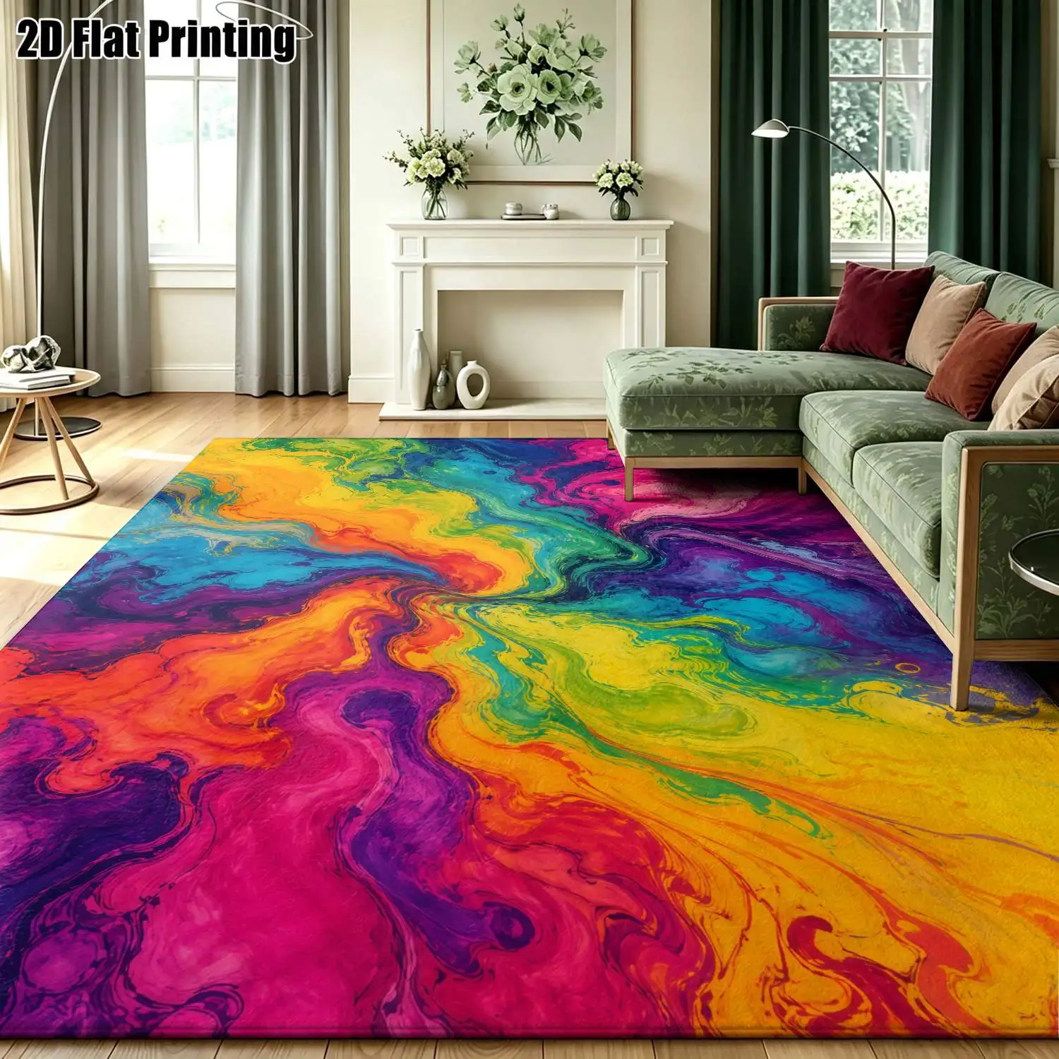 1Pc 2D Printed Rainbow Abstract Art Nordic/Bohemian/European Style Carpet, Instagram-Inspired Floor Mat, Modern Minimalist Home Decor Rug, Washable, Multi-Size for Entrance, Dining, Foyer, Bedroom, Living Room