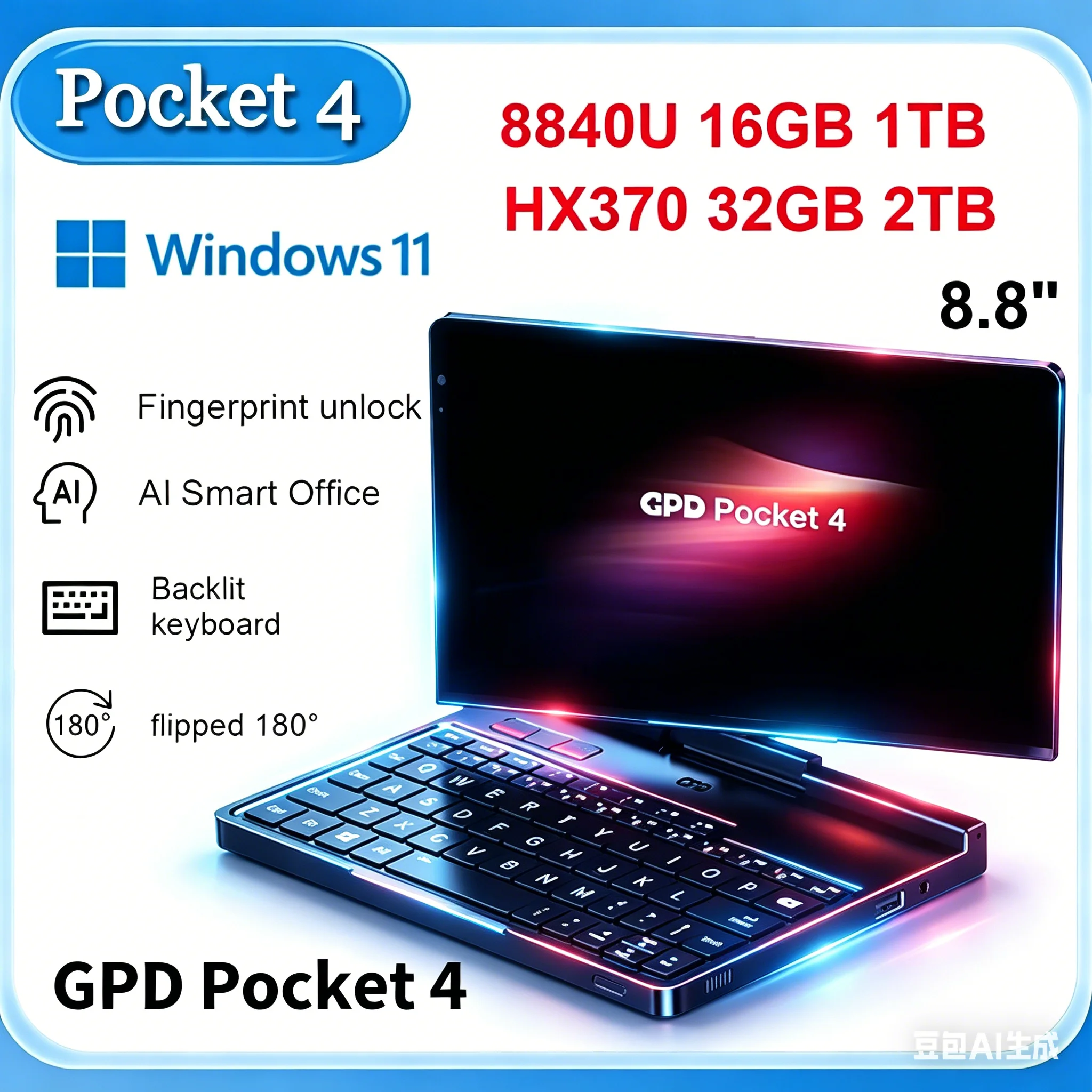 

2026 New GPD Pocket 4 8.8" Mini Laptop, AMD AI 9 HX 370, 64GB RAM+2TB NVMe, 180° Flip, Portable Business PC