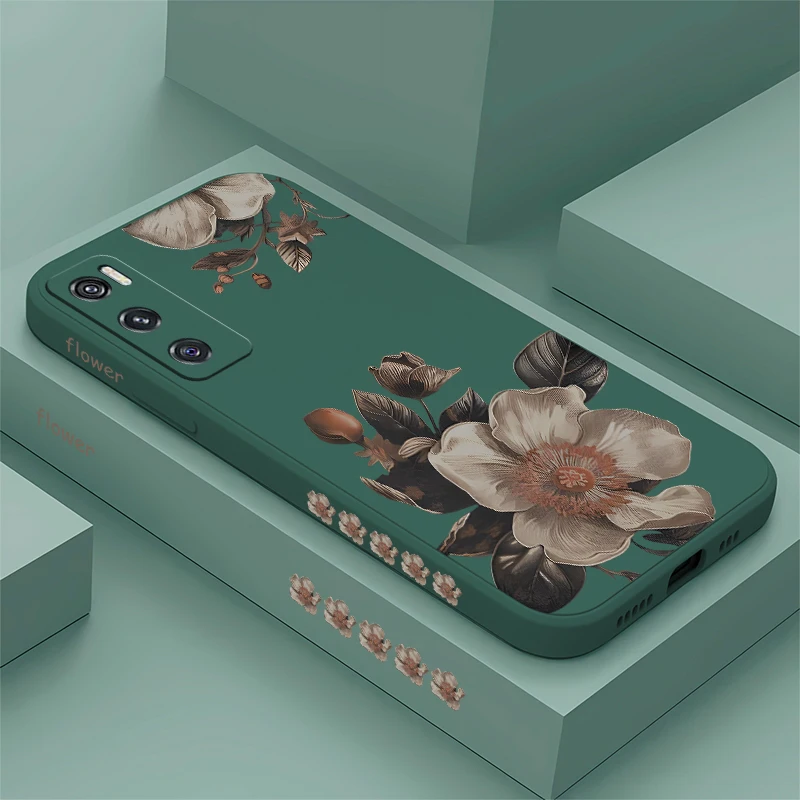 Brown Painting Flowers Case For Vivo V23E V23 V21E V21 V20 SE V15 V9 V17 Neo EU Soft Silicone Shockproof Bumper Back Phone Cover