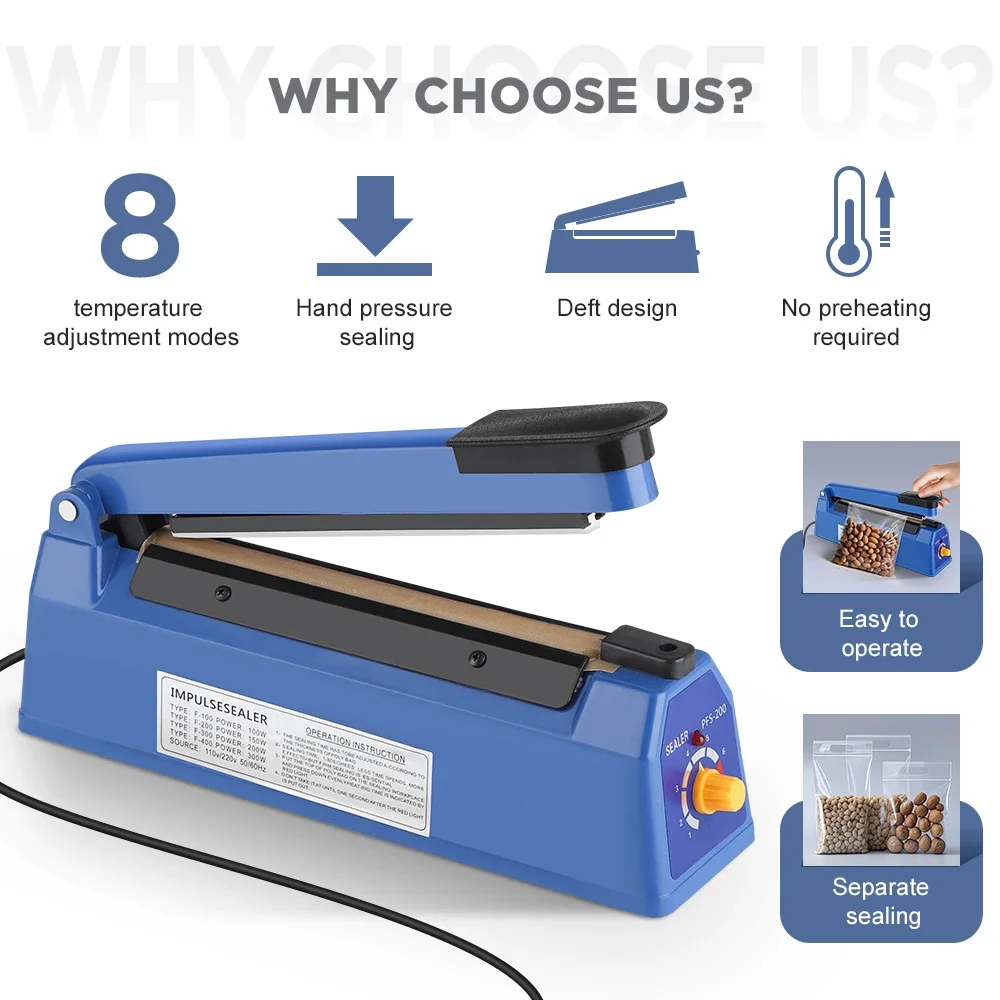 Sealing Machine Heat Sealer 8 Adjustable Levels 220V 200mm Impulse Sealer for Plastic Foil Kraft Food Packaging Kitchen view 2