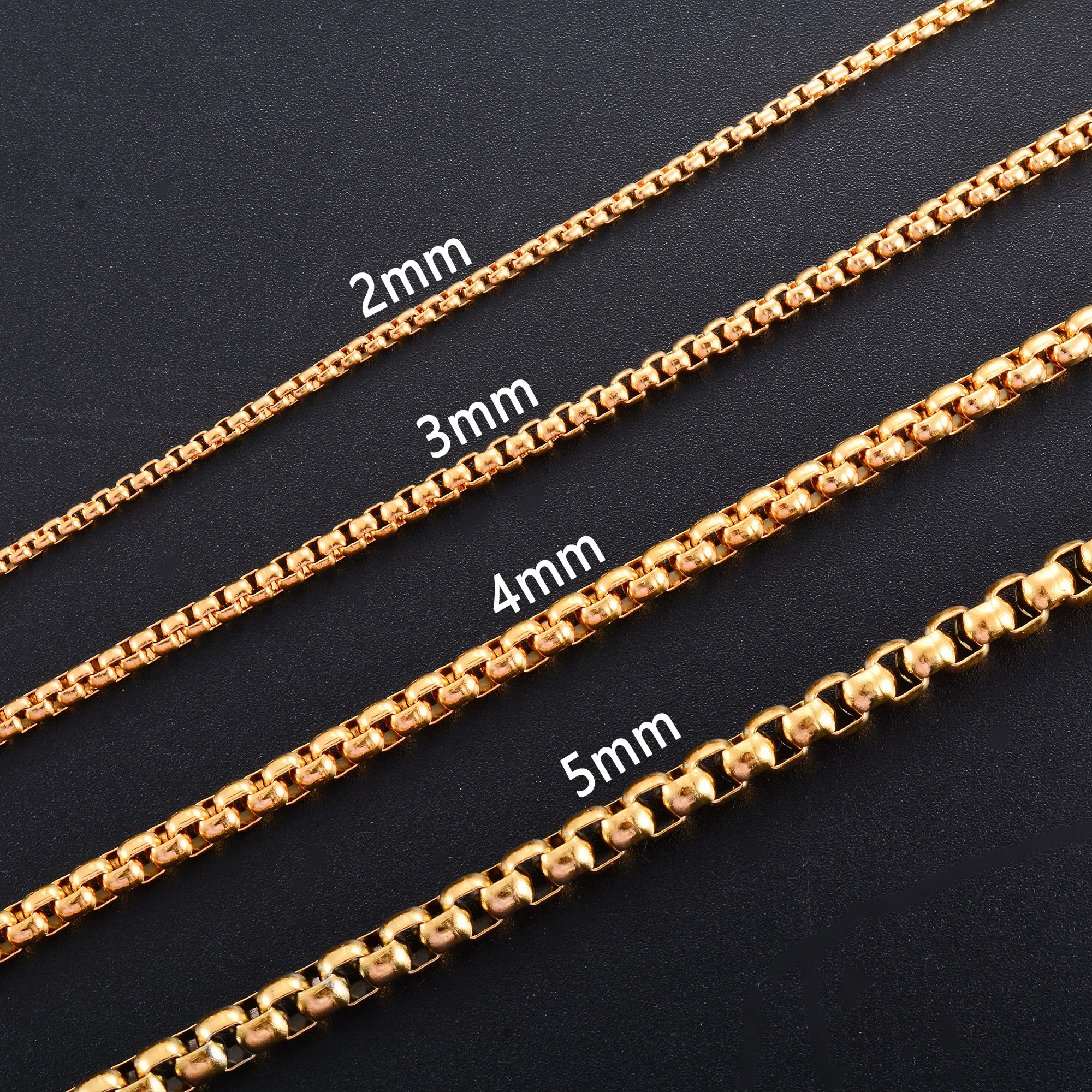 2/3/4/5 mm Herren-Box-Kette, Edelstahl-Halskette, Halsband für Damen, Silber/Gold/Schwarz/Roségold, Farbe 14–40 Zoll, Metallschmuck
