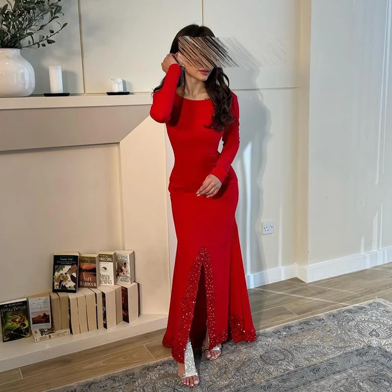 Jirocum Elegant Red Mermaid Prom Dresses Women\'s O Neck Beaded Party Evening Gown Ankle Length customized Special Occasion Dress