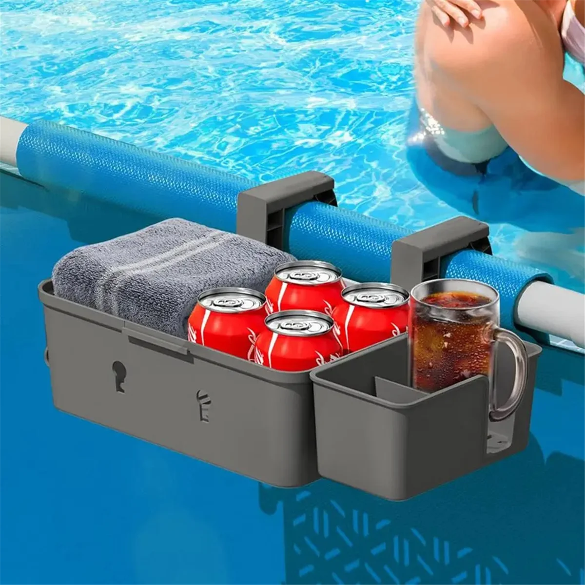 Cesta portátil de armazenamento, Bandeja cinza com porta-copos, Acessórios para piscina acima do solo