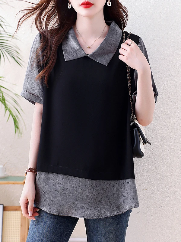 

Elegant plus Size Women's Shirt Summer New Style Doll Collar Splicing Fake Two-Piece Loose Fashion Short Sleeve Commute Wind