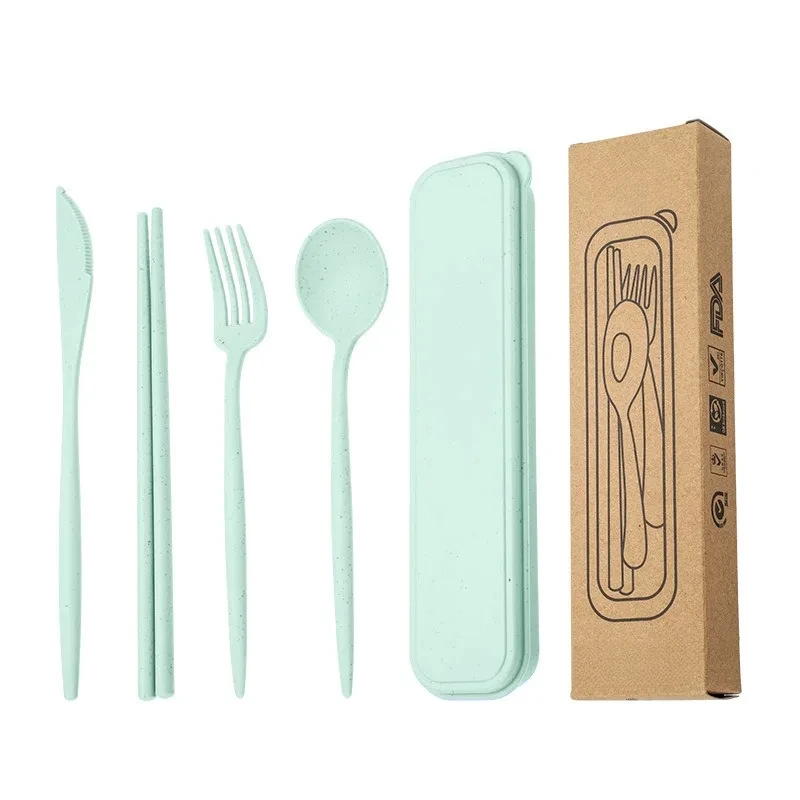 4pcs Portable Wheat Straw Fork Cutlery Set Foldable Folding Chopsticks Cutlery Set With Box Travel Kitchen Accessories