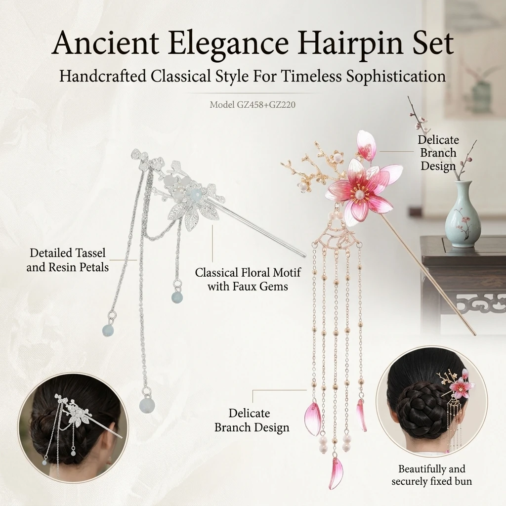 2pcs Vintage Hairpin Set Retro Chinese Style Flower Tassel Hair Sticks Light Luxury Jewelry Headwear Girls Hair Accessories view 3