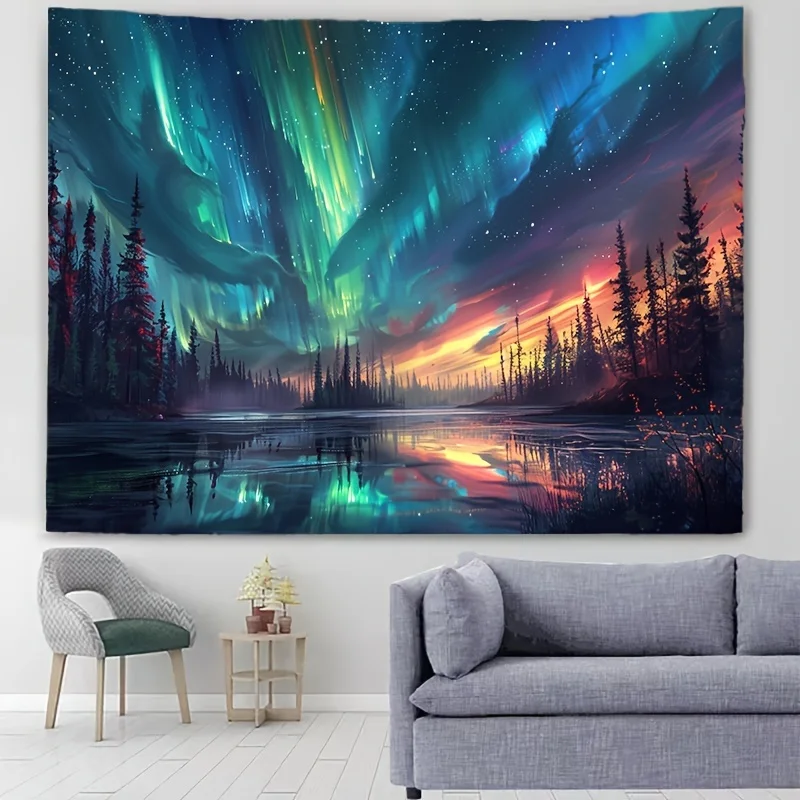 Aurora Forest Reflection Tapestry - Vibrant Landscape Wall Hanging for Living Room, Bedroom, Dorm , Indoor Use