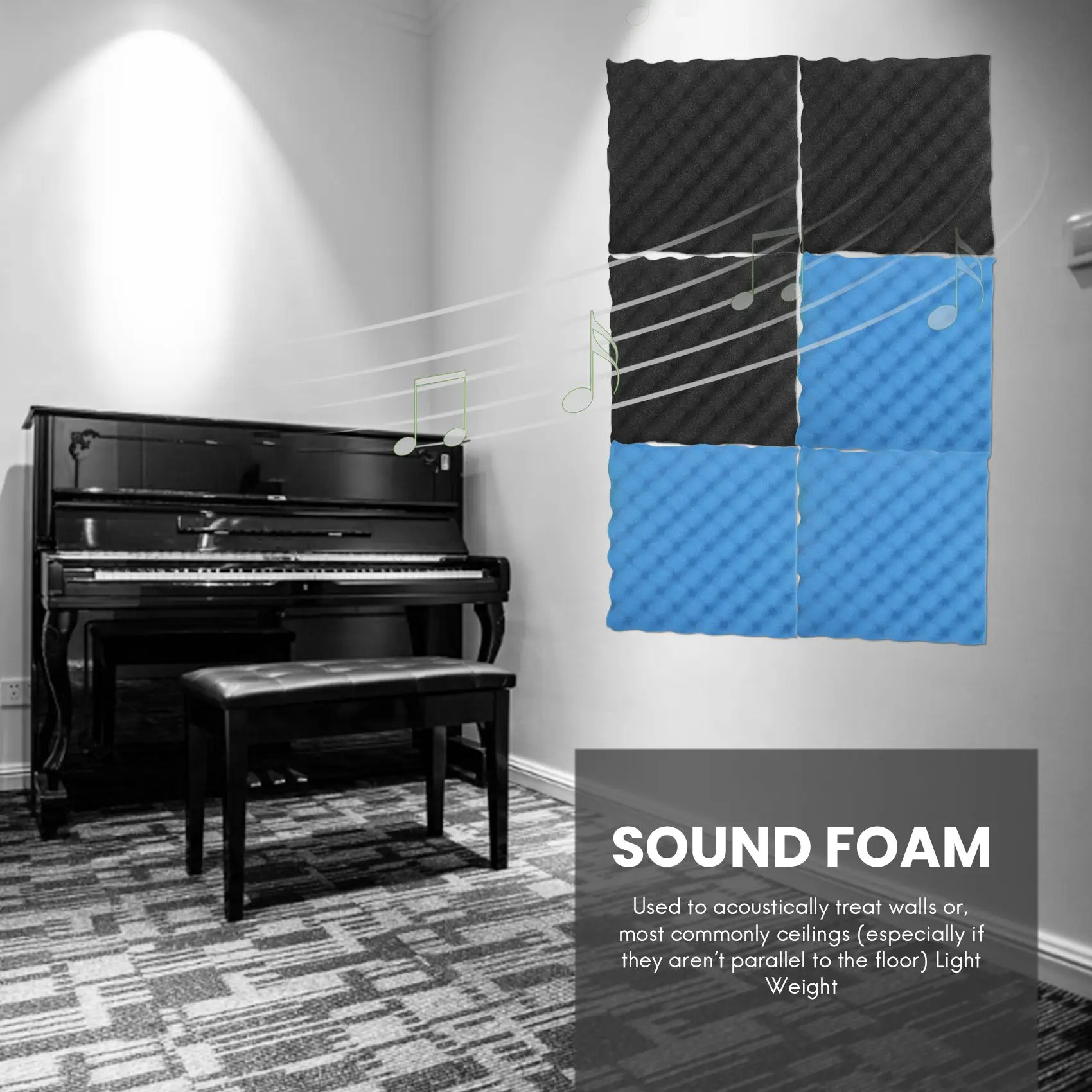 ABNL 6 Pack Black + Blue / Charcoal Egg Crate Foam Acoustic Tiles Soundproofing Foam Panels Sound Insulation Soundproof Foam Pad