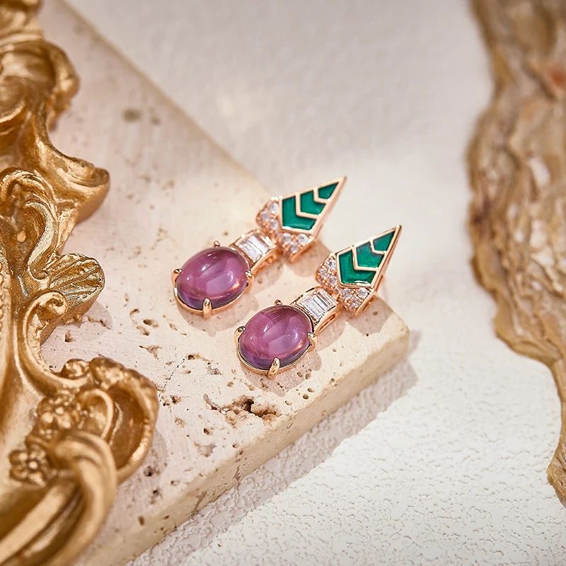 Europe America Style Earrings Necklace Women Lady Inlay Cubic Zircon Green Enamel Synthetic Purple Gemstone Party Jewelry Sets