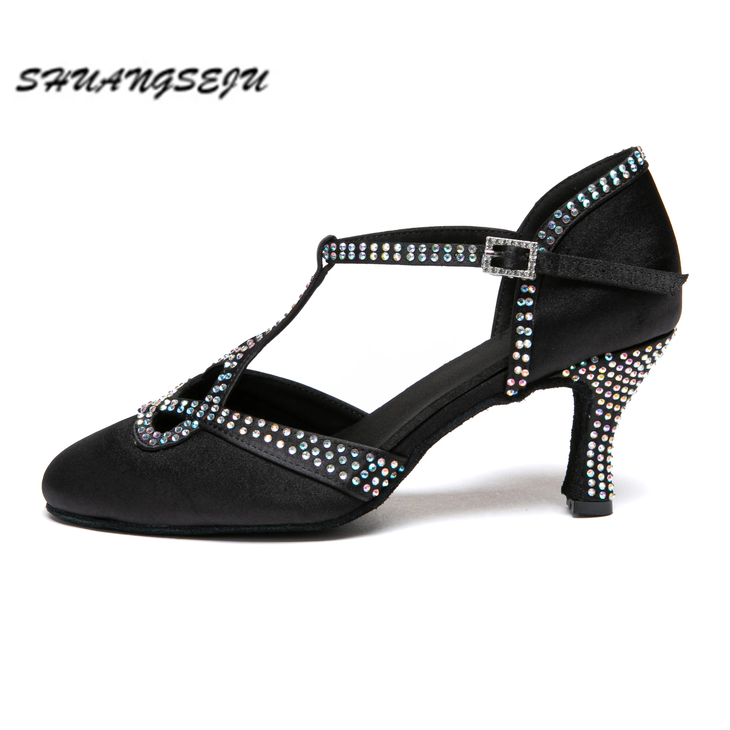 SHUANGSEJU Black satin shiny rhinestone Latin dance shoes, adult women's soft sole closed-toe modern dance shoes, mid-heel 7.5cm