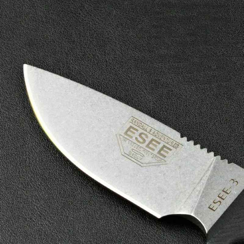 

ESEE-3PMDT-004 Knife Stonewashed Plain Edge Black Handles Desert Sheath Tactical Outdoor Hunting Survival Esee Straight Knife
