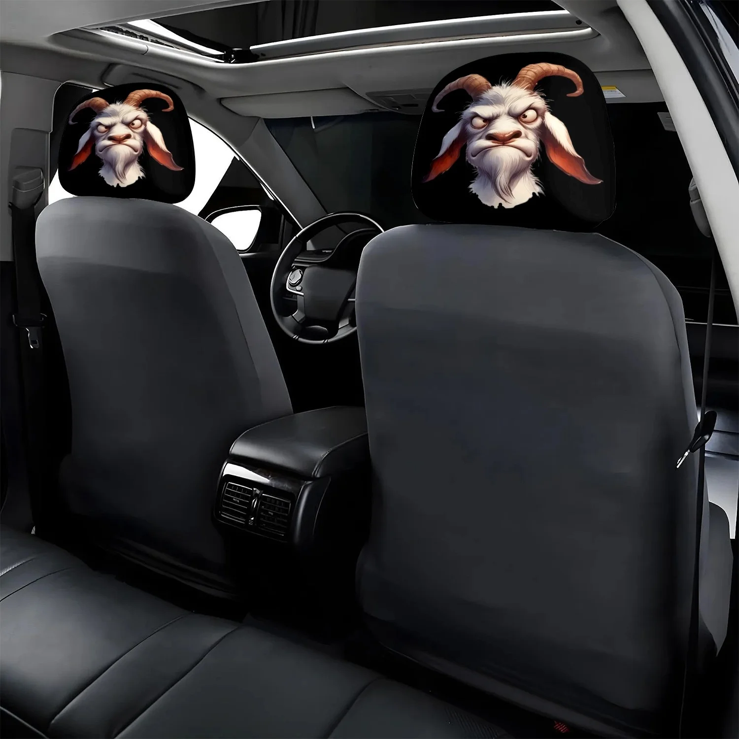 2pcs Mysterious Goat Head: A Fantasy-Themed Printed Car Seat Cushion And Headrest Cover - Featuring a Cute Design - Universal