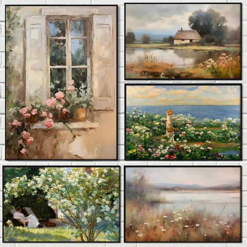 Oil Painting Landscape Painting Water Grassland Farmland Village Canvas Printing Wall Art Decoration Hanging Painting