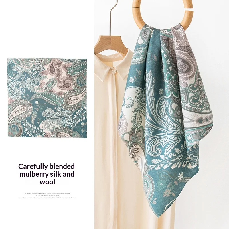 Blue cashew flower twill silk wool silk scarf 65cm large square scarf spring and summer thin air conditioning shawl lady
