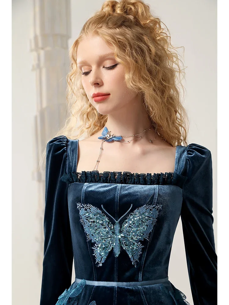 LEOSOXS French Retro Style Velvet Dress 2024 Autumn/winter Embroidery Butterfly Applique Elegant Temperament Evening Dress Women