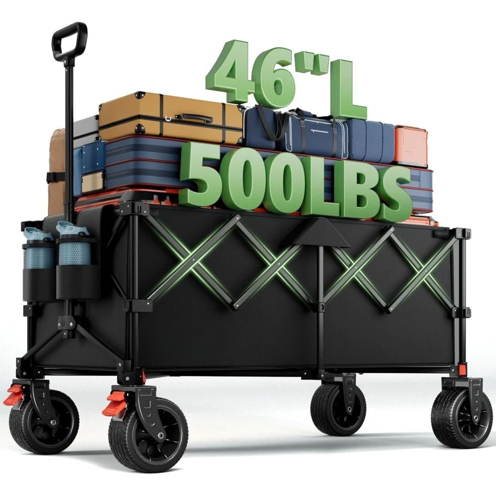 

Collapsible Foldable Extended Utility Wagon Cart 280L 500LB Capacity All Terrain Beach Wheels with Drink Holders Black