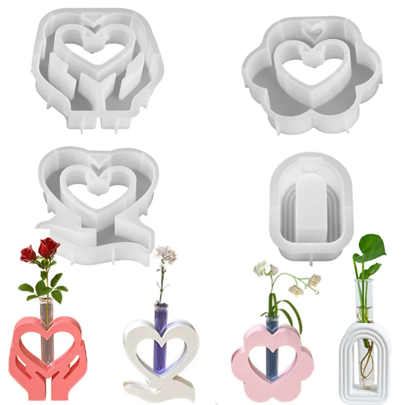 Florero de mano en forma de corazón, molde de resina de silicona, resina epoxi, arco de flores diy, arreglo de flores de yeso hidropónico de rama