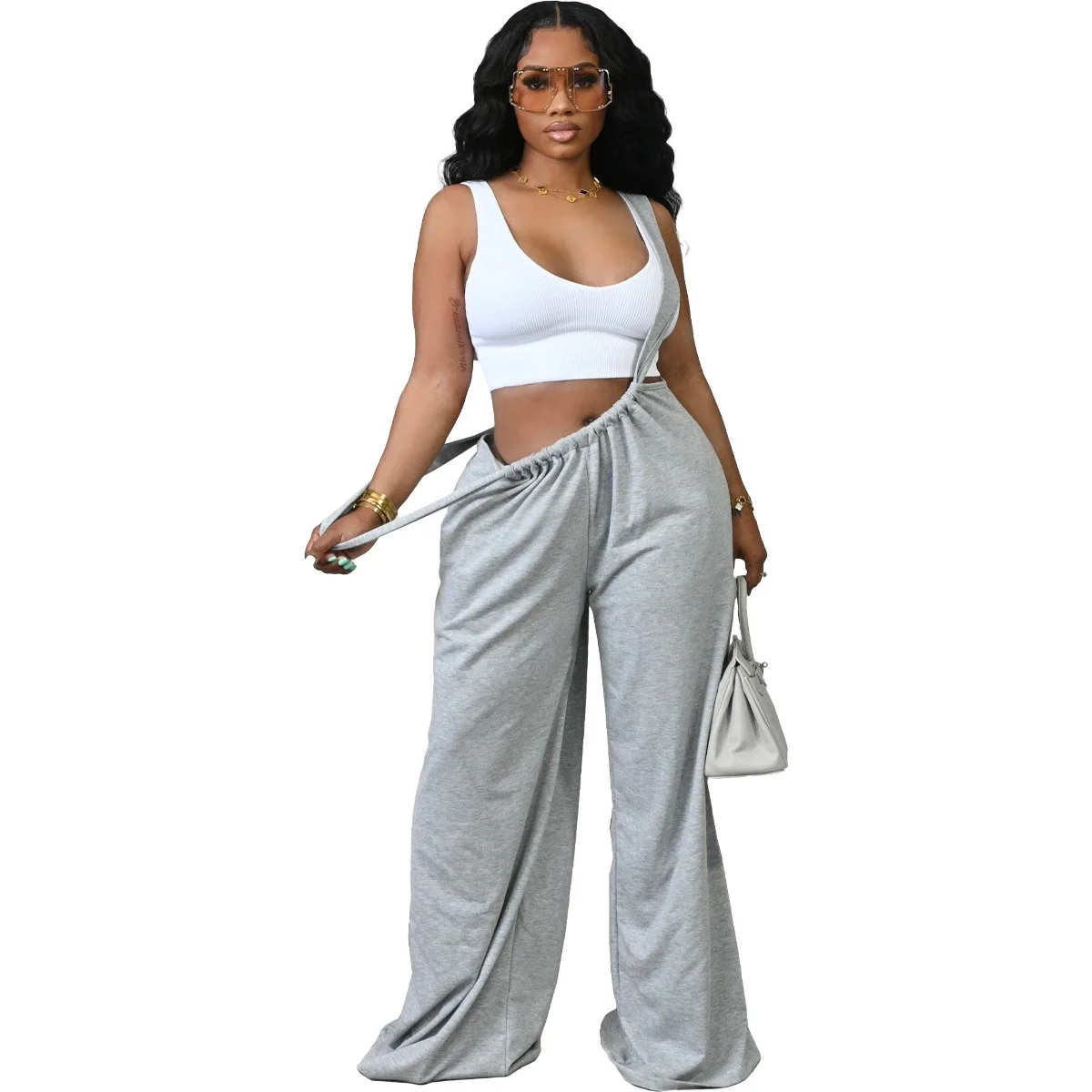 Fitness Women Overalls Solid Wide Leg Pants 2023 Fall Winter Streetwear Lace Up Capris Workout Activewear Casual Baggy Trousers