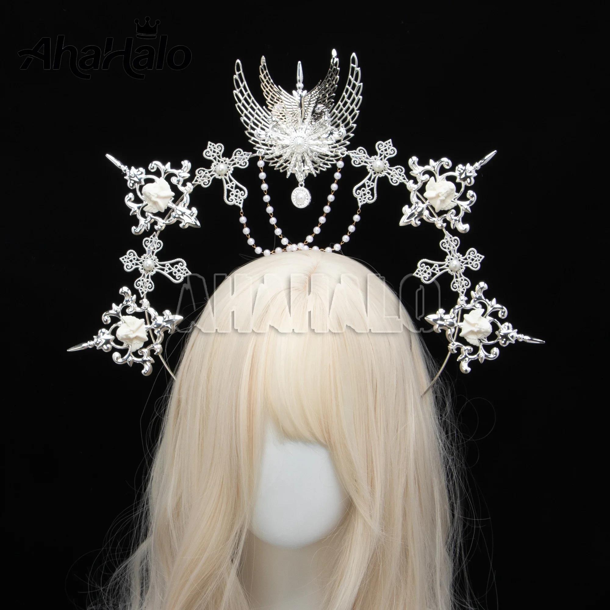 Fatto a mano argentato Mary Apollo Sun Halo Crown Lolita Fascia vintage Copricapo ala d'angelo Dea Copricapo per feste di Halloween