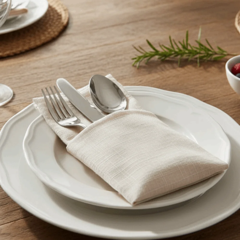 2PCS Village Style Bamboo Cotton Napkins Thicken Textured Fabric Cloth Napkins Double Layer Reusable Table Towels Family Dinner