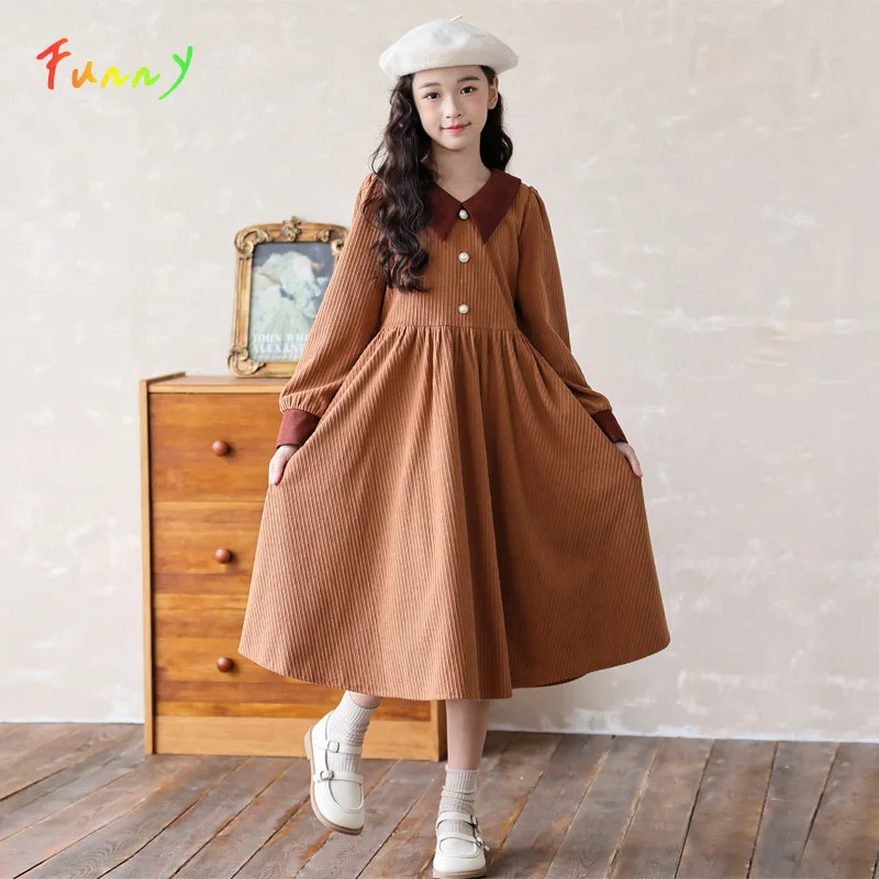 

Girls Corduroy Dress Long Sleeve Lapel Collar Button Down Midi Dress with Belt Casual Children Fall Winter Clothes Outfit 6-16 Y