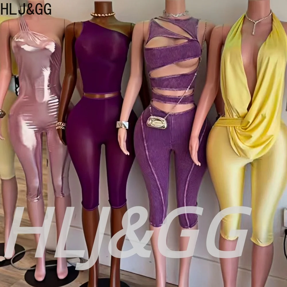 HLJ&GG Sexy See Through Mesh One Shoulder Two Piece Sets Women Sleeveless Slim Crop Top And Shorts Stretchy Outfits Streetwear