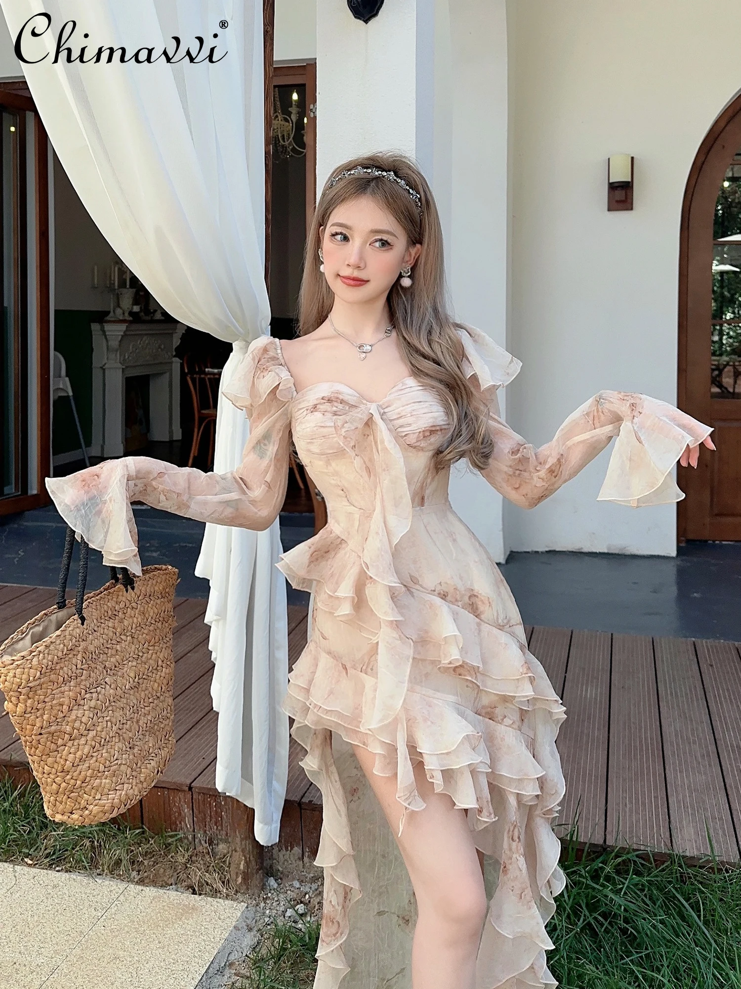 

2024 Summer Dresses New Fashion Ruffles Blooming Front Short Back Length Flowy Dress Slim Fit Sexy Vacation Style Party Dress