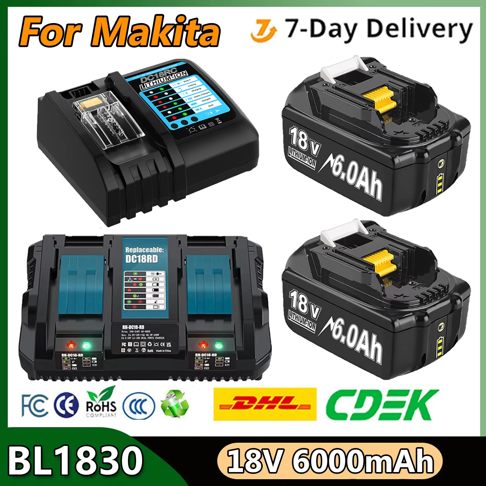 For Makita BL1830 Replacement Battery 6000mAh Battery 18V BL1830 BL1815 BL1860 BL1840 Tool Rechargeable Battery With 6A Charger