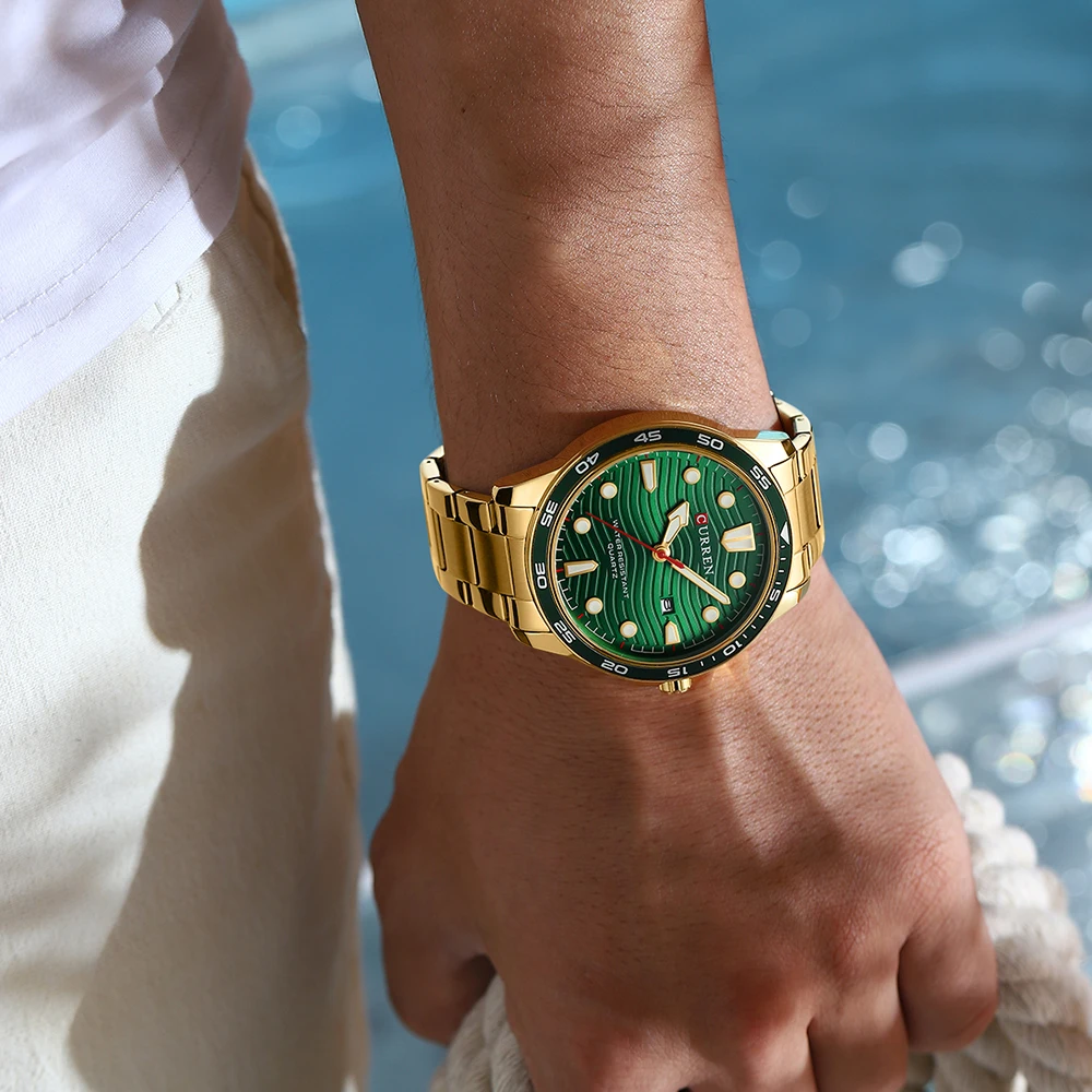 CURREN Trendy 46mm Men's Watch Green Dial with Luminous Sporty Stainless Steel Band Quartz Wristwatch Auto Date
