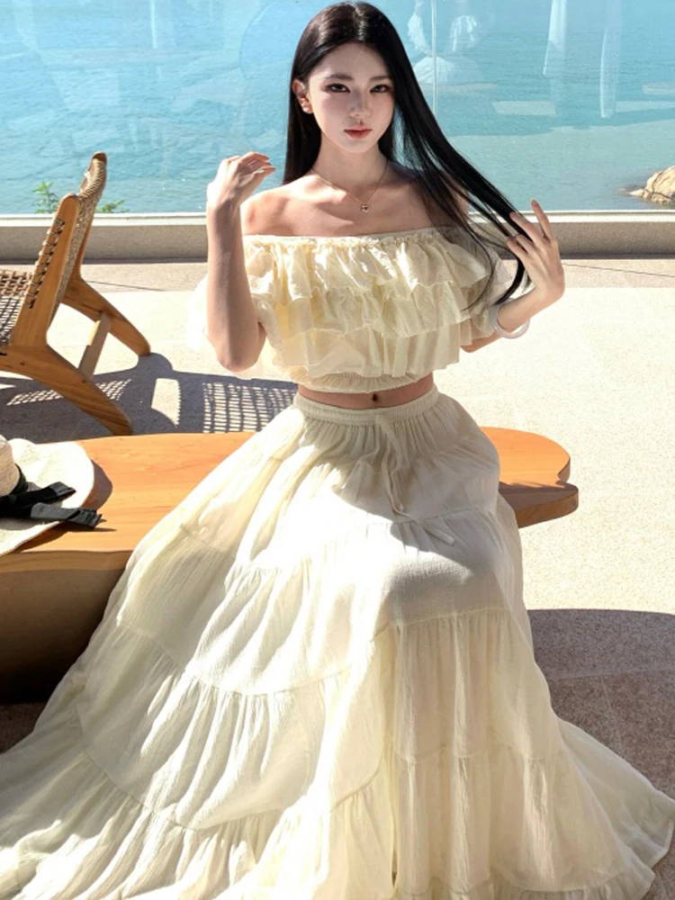 Summer Party Elegant Women Holiday Beach Skirt Suit Sexy Slash Neck Ruffles Crop Tops And High Waist Long Skirts Two Piece Sets