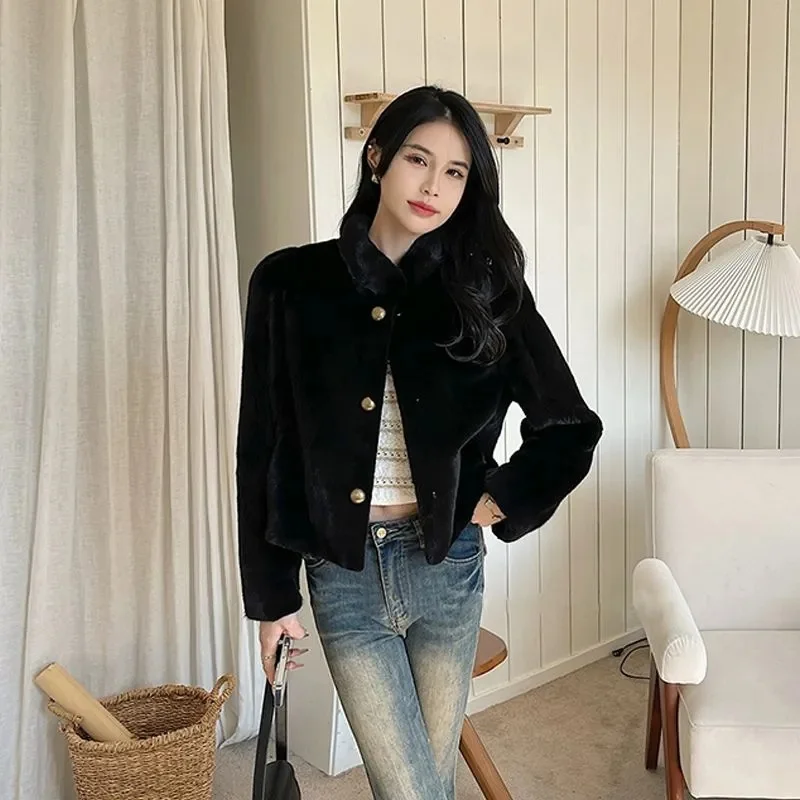 2025 New Imitation Fur Coat Women's Autumn Winter Stand-UP Collar Mao Mao Outerwear Female Short Fur-Like Padded Overcoat Ladies