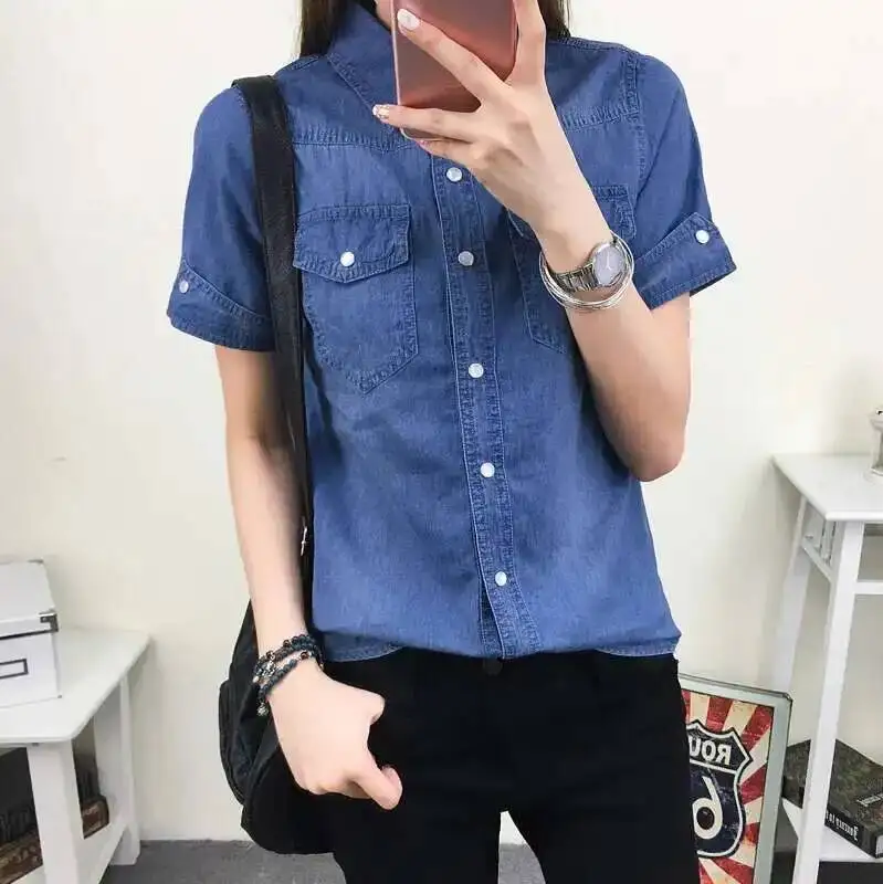 #0118 2025 Summer Cotton Denim Shirt Women Short Sleeve Slim Fit Preppy Style Casual Jeans Shirt Ladies Basic Blouse Shirt Slim
