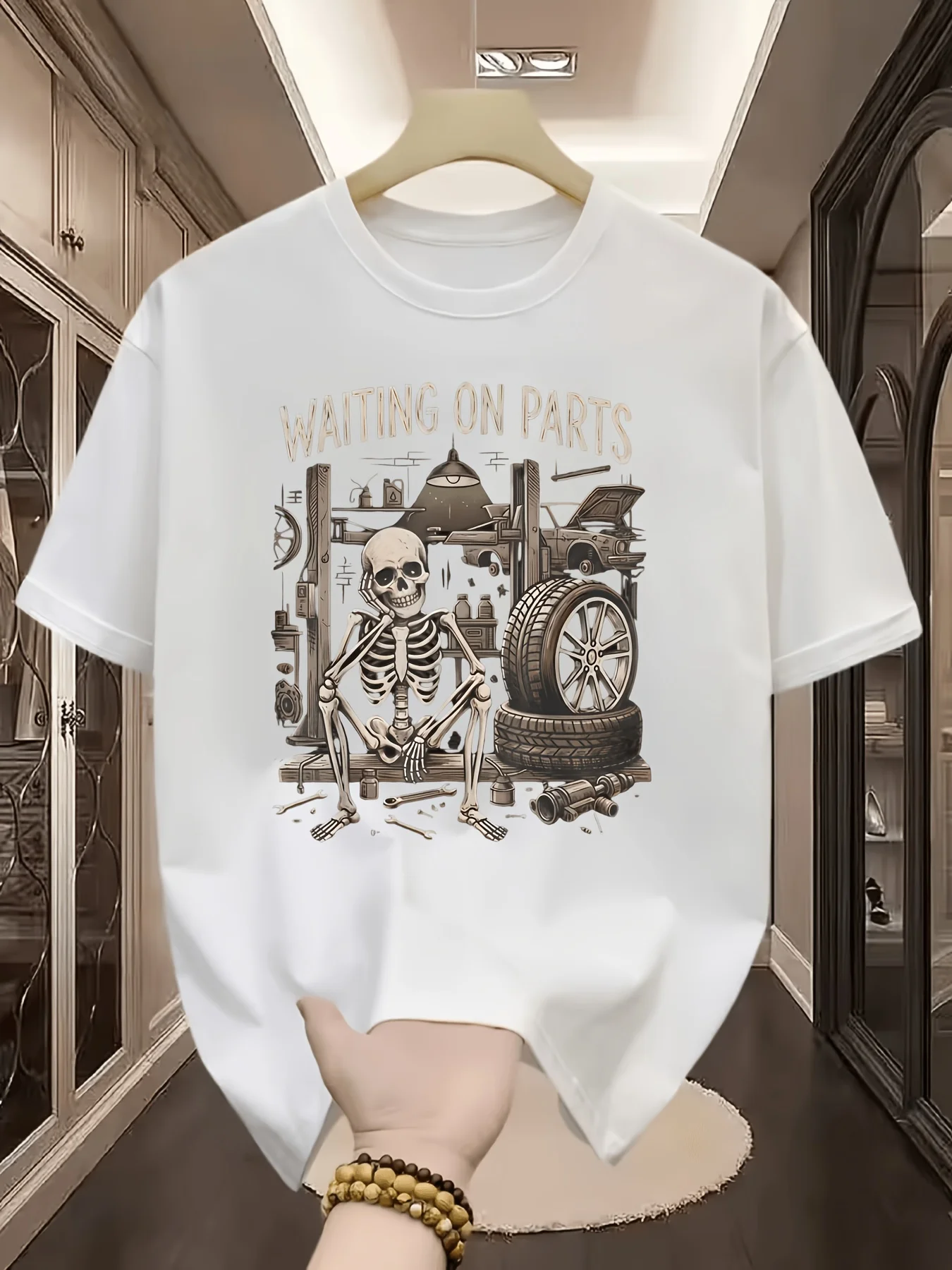 Waiting on Parts Skeleton Mechanic T-Shirts Men Women Funny Auto Repair Vintage Skull Tshirt