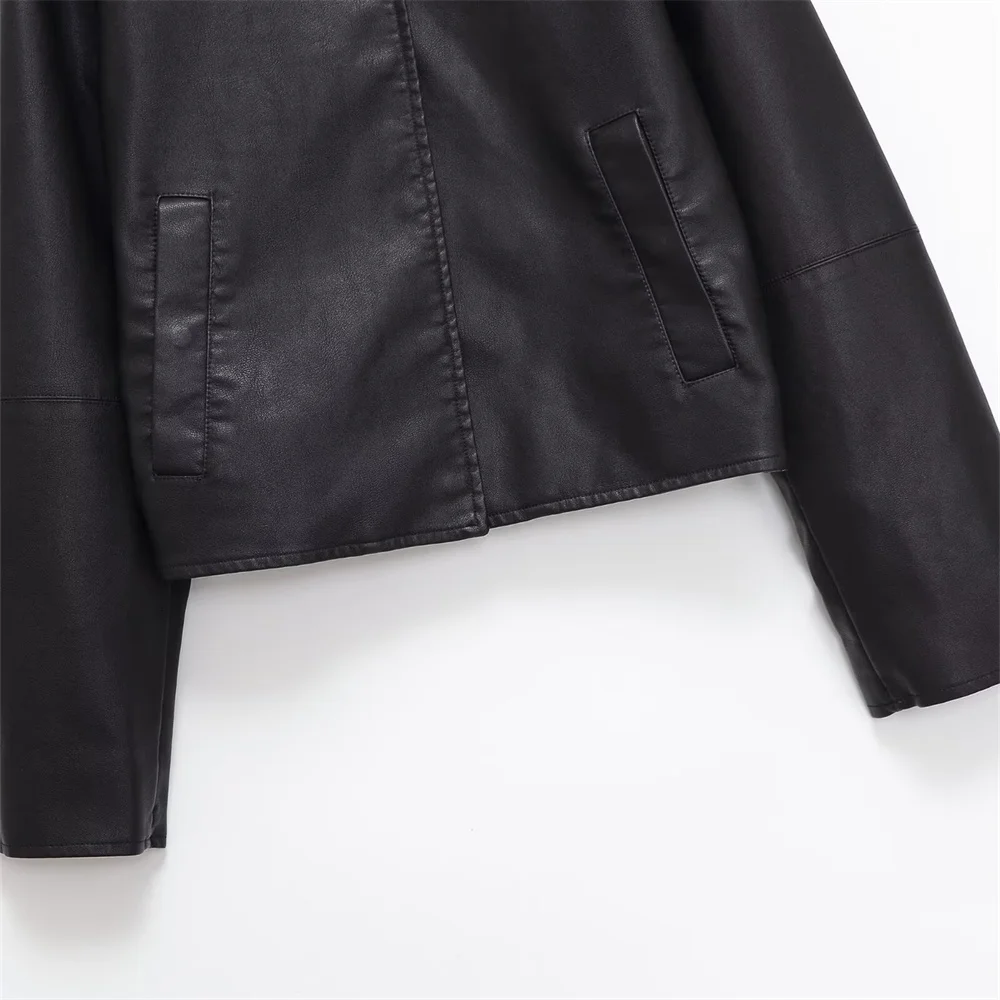 Autumn New Product: Women's Casual Flip Collar, Long Sleeves with Snap Buckle, Pocket Imitation Leather Jacket, Jacket