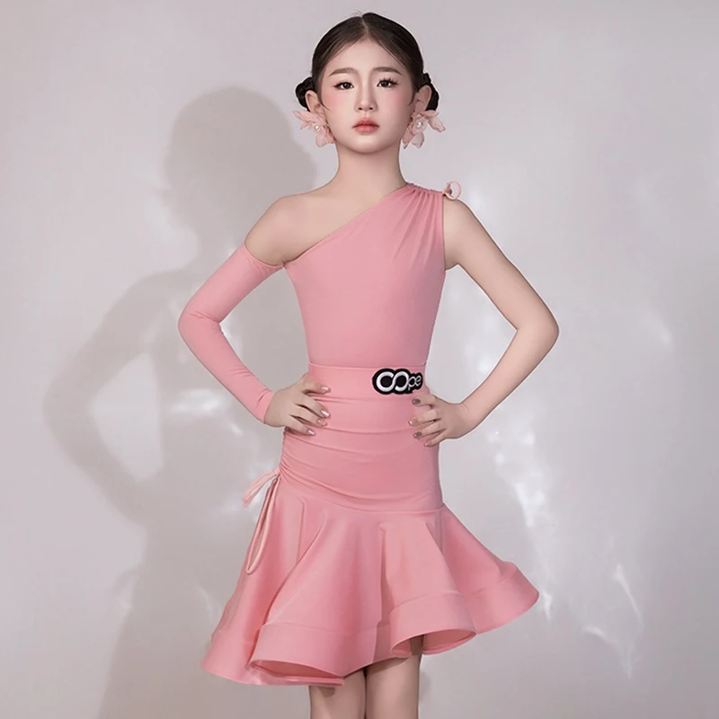 Estate Bambini Abiti da ballo latino Ragazze Spalla inclinata Top Gonna con coulisse Abito rosa Abito da pratica Abbigliamento da prestazione BL14803