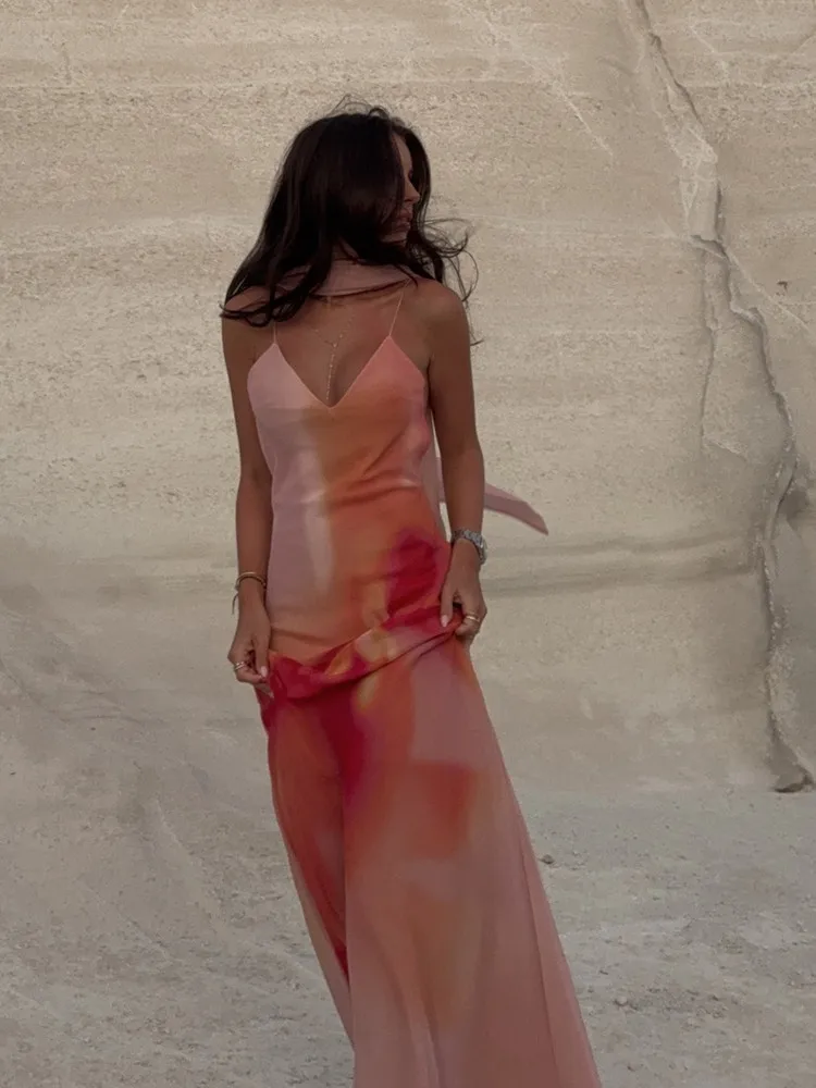 UNIZERA Abito lungo senza schienale stampato con sciarpa 2025 Nuovi arrivi estivi Abbigliamento da donna Elegante abito strutturato in raso