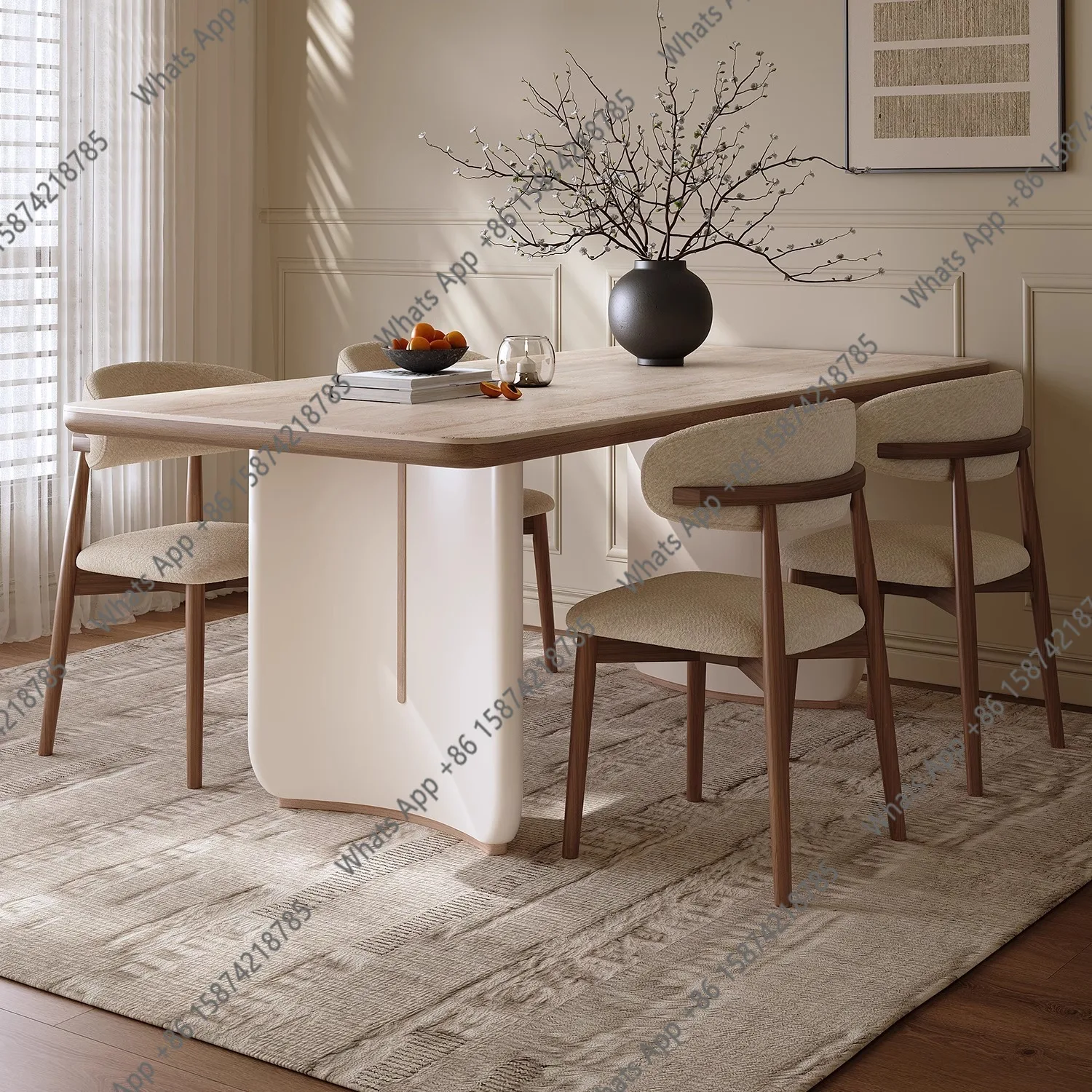Quanmu French Cream Wind Slate Dining Table Light Luxury Small Apartment Modern Simple High-end Medium Antique Solid Wood Dining
