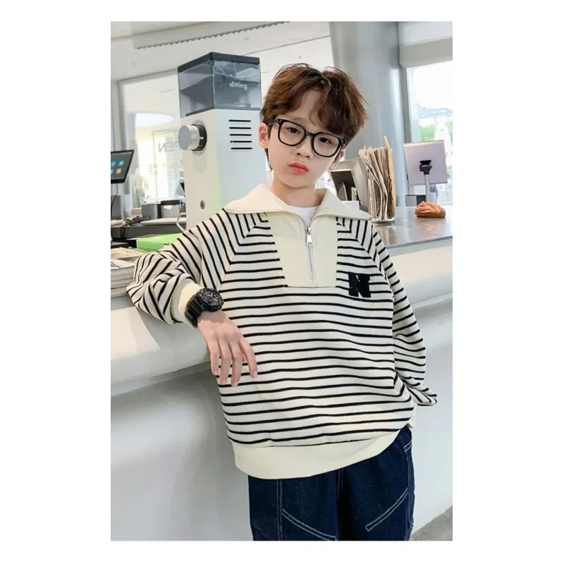 

Spring Autumn School Kids Cotton Striped Half Zip Lapel Sweatshirt Boys Pullover Jumper Children Outfits Tracksuit Tops 3-14 Yrs