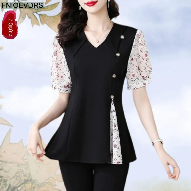 

Retro Vintage Flower Print Tops 2025 Summer New Design Women Office Lady V Neck Black Button Patchwork Basic Shirts Blouses