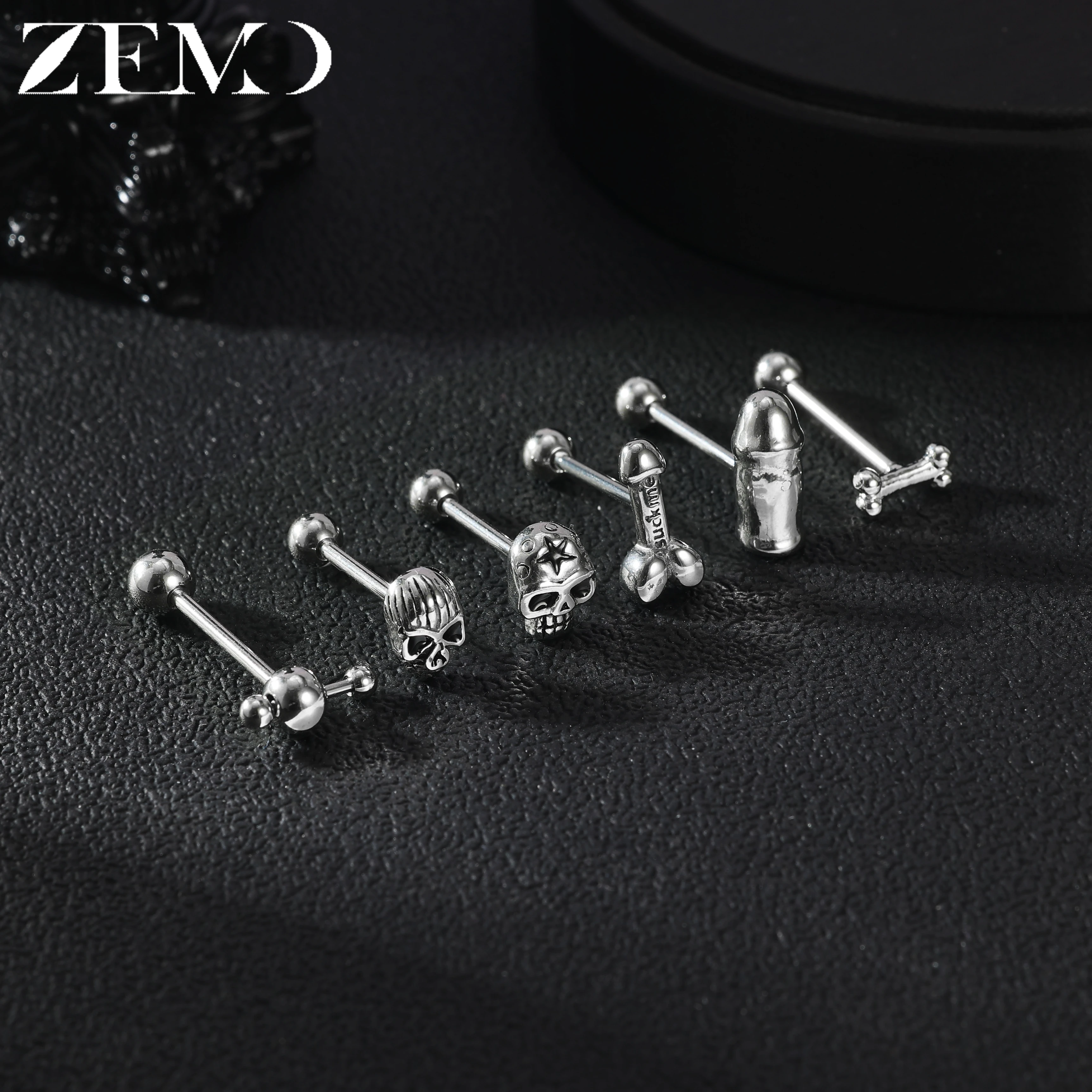 ZEMO 1 Stück 14G Edelstahl Punk Zungenpiercing Bunte Schmetterling Blumen Ohrstecker Knochen Totenkopf Zungenpiercing Körperschmuck