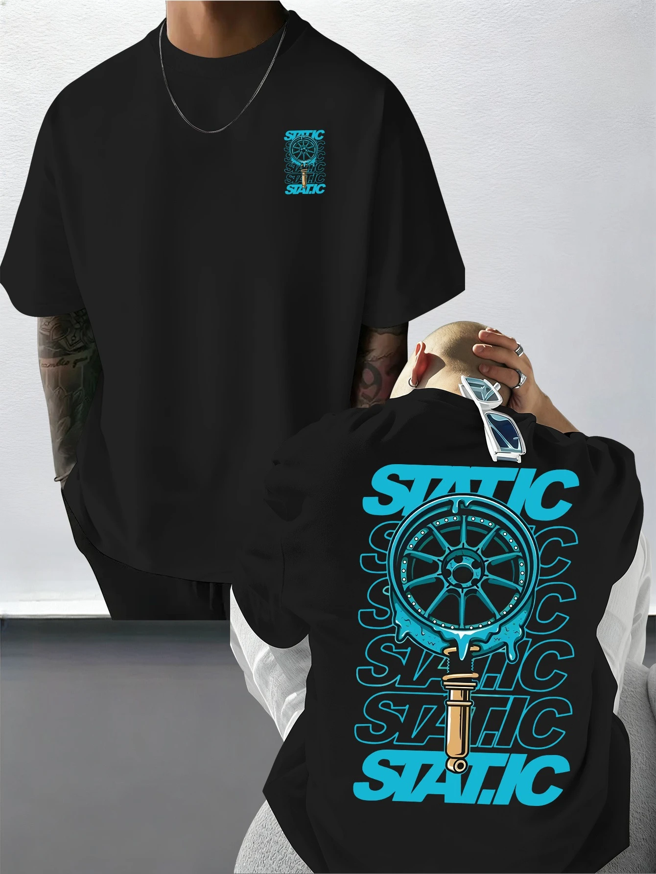 2026 New Family Matching T‑Shirt Static Stance Car Wheel Melting Drip Print Front Chest & Back Oversized Cotton Short Tops