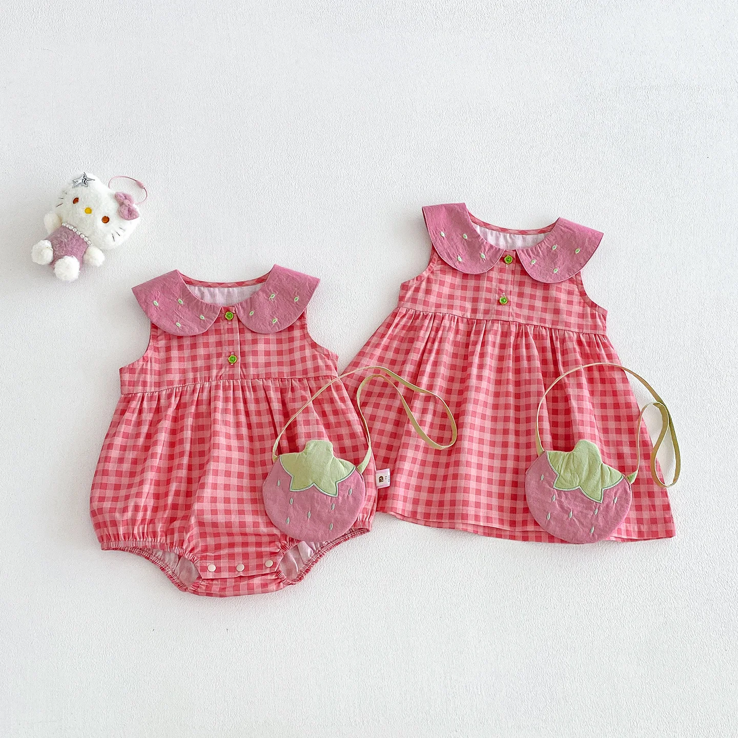 Somenie  New Summer Plaid Cotton Baby Vest Dress Set, Cute Infant Bodysuit Matching Sister Two Pieces Outfit