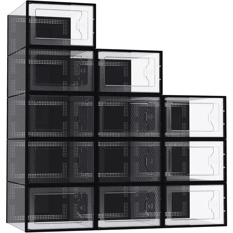 

12 Pack Boxes for Shoe Storage Clear Plastic Stackable,Organizer for Closet, Space-Saving Containers Bins (Black)