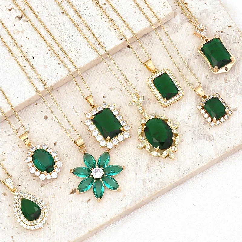 

Elegant Copper Inlaid Emerald Zircon Water Drop Square Pendant Collarbone Necklace for Women Stainless Steel Chain Trend Jewelry