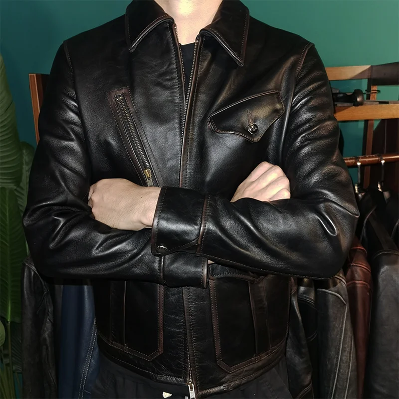 tea Free shipping.Brand Men core horsehide jacket.Quality Vintage style slim genuine leather coat.fashion cheap leather cloth.