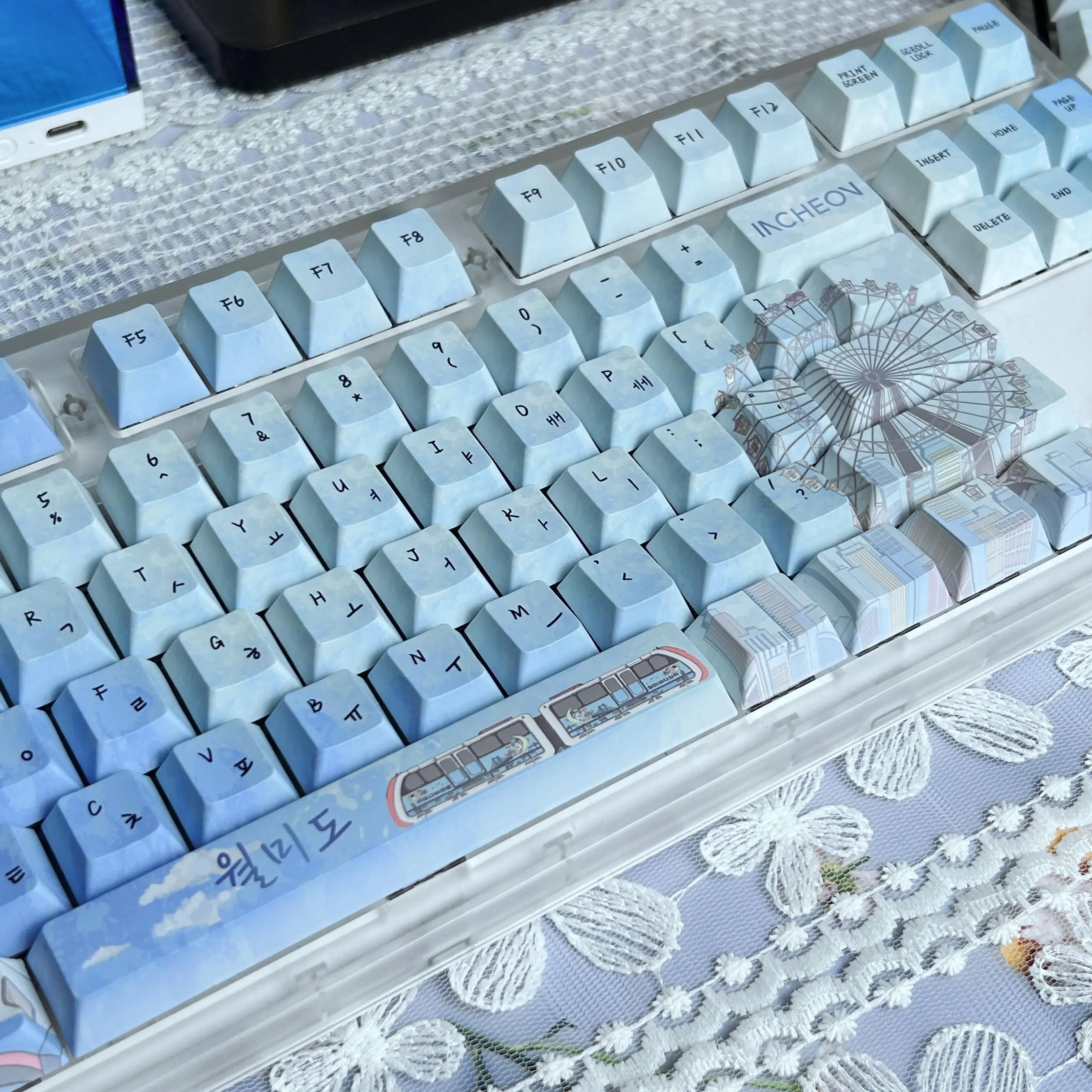 Incheon Wolmido Korean Keycaps Cherry PBT Lighthouse Ferris Wheel Seagull Hangul Keycap for Mechanical Keyboard Blue Turquoise