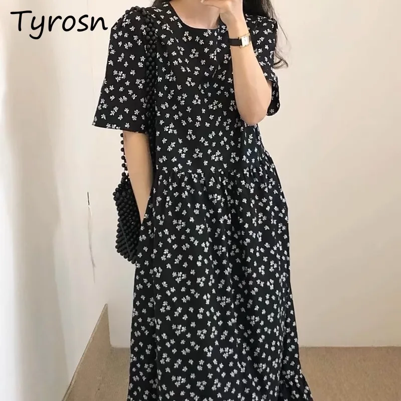 

Dresses Women Fashion French Style Ruffles Retro Round Neck Pleated Patchwork Elegant Korean Chic Loose Floral O-neck Casual