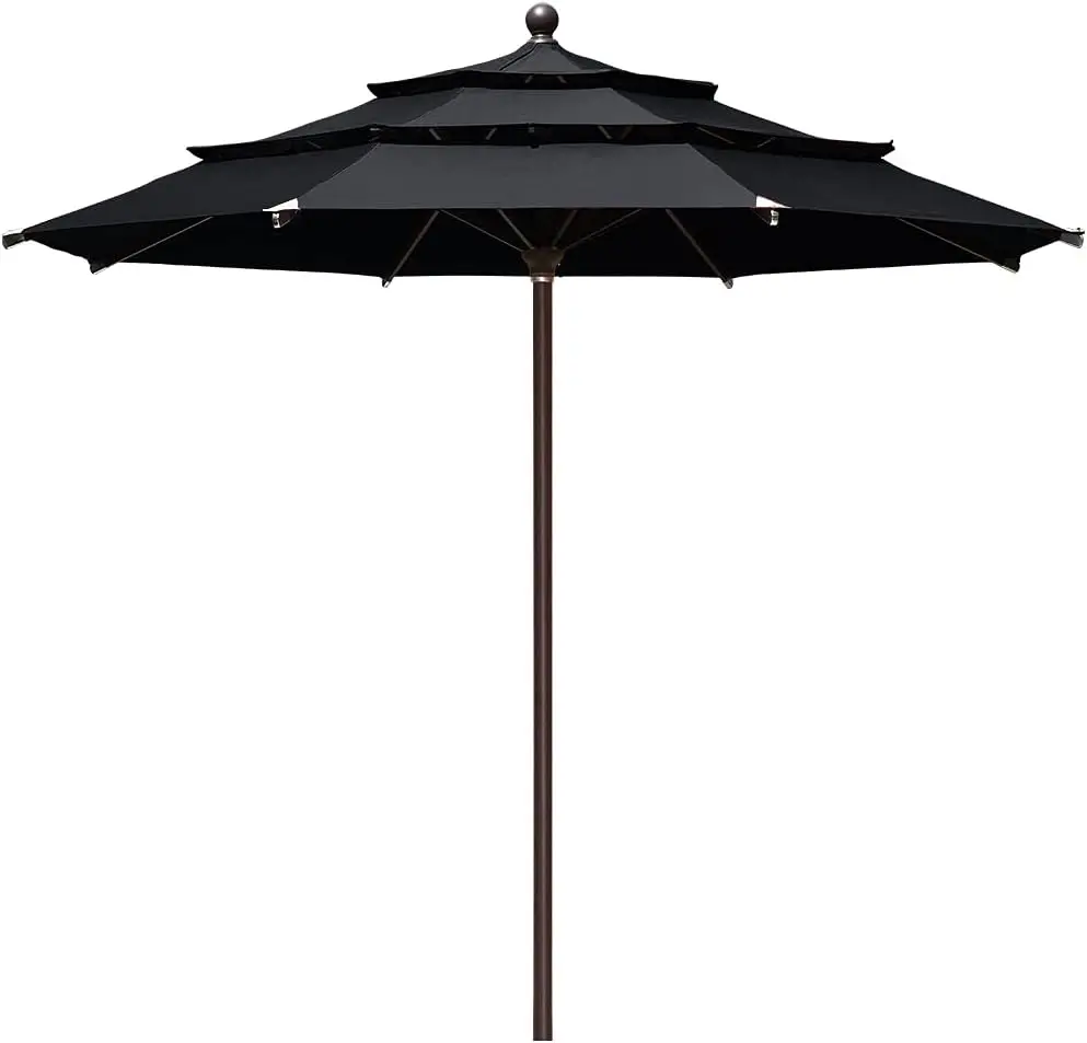 USA 10-Year-Non-Fading 11Ft 3 Tiers Market Umbrella Patio Outdoor Cylinder Auto Push-up Table Umbrella with Ventilation, Black