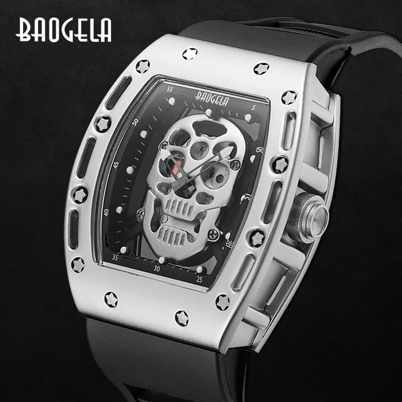 

Baogela hommes mode militaire bracelet en Silicone Rectangle cadran crâne visage Sport Quartz montres BGL1612G-1