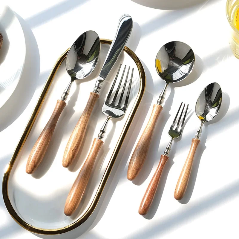 4/6-Piece 18/8 Stainless Steel Flatware/Cutlery Set, Fork Knife Spoon Set with Wood Handle, Serving Utensil Set